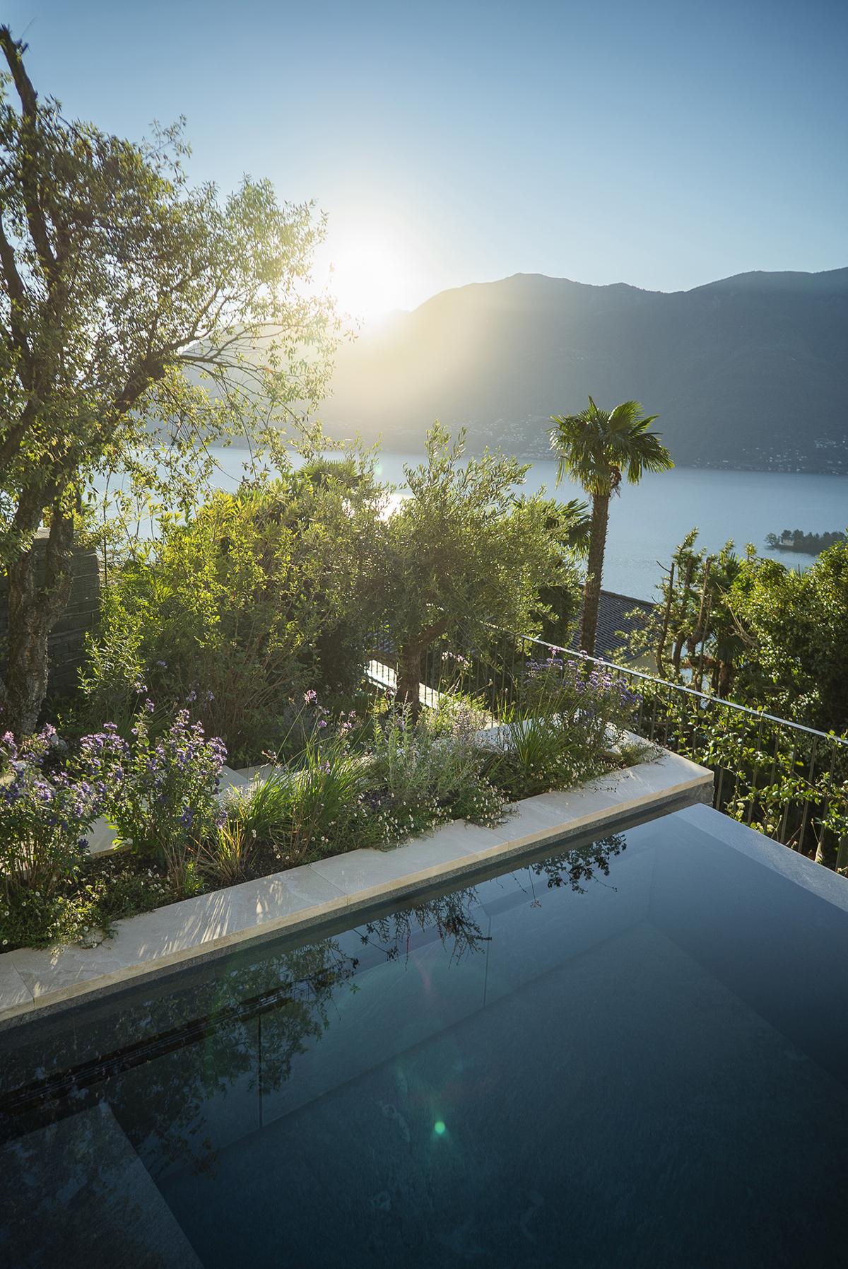 Pool im terrassierten Garten mit naturnaher, mediterraner Bepflanzung.