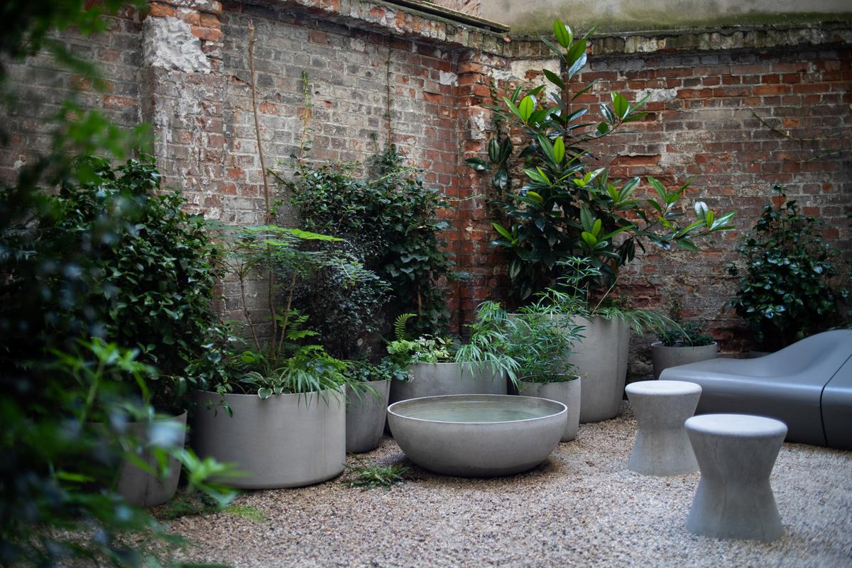 Urbaner Innenhofgarten mit schattenverträglicher Pflanzung.