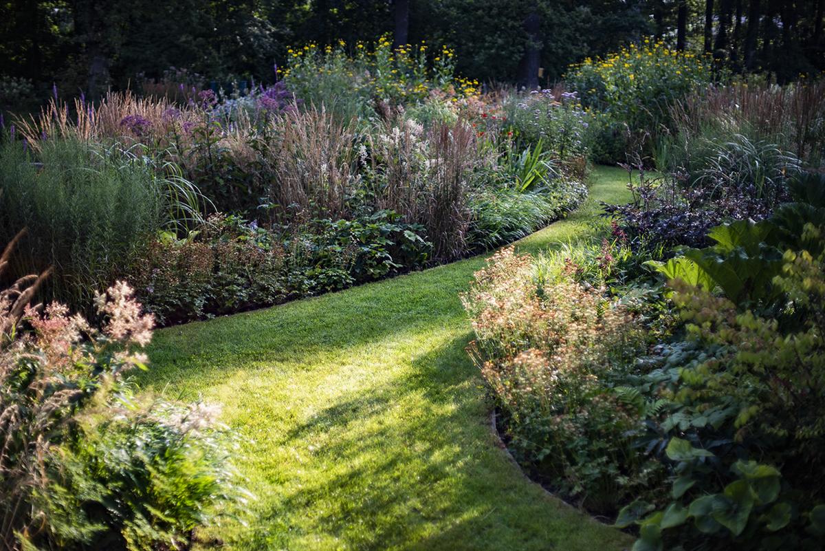 Staudenbeet mit saisonaler Blütenabfolge und strukturreicher Komposition.