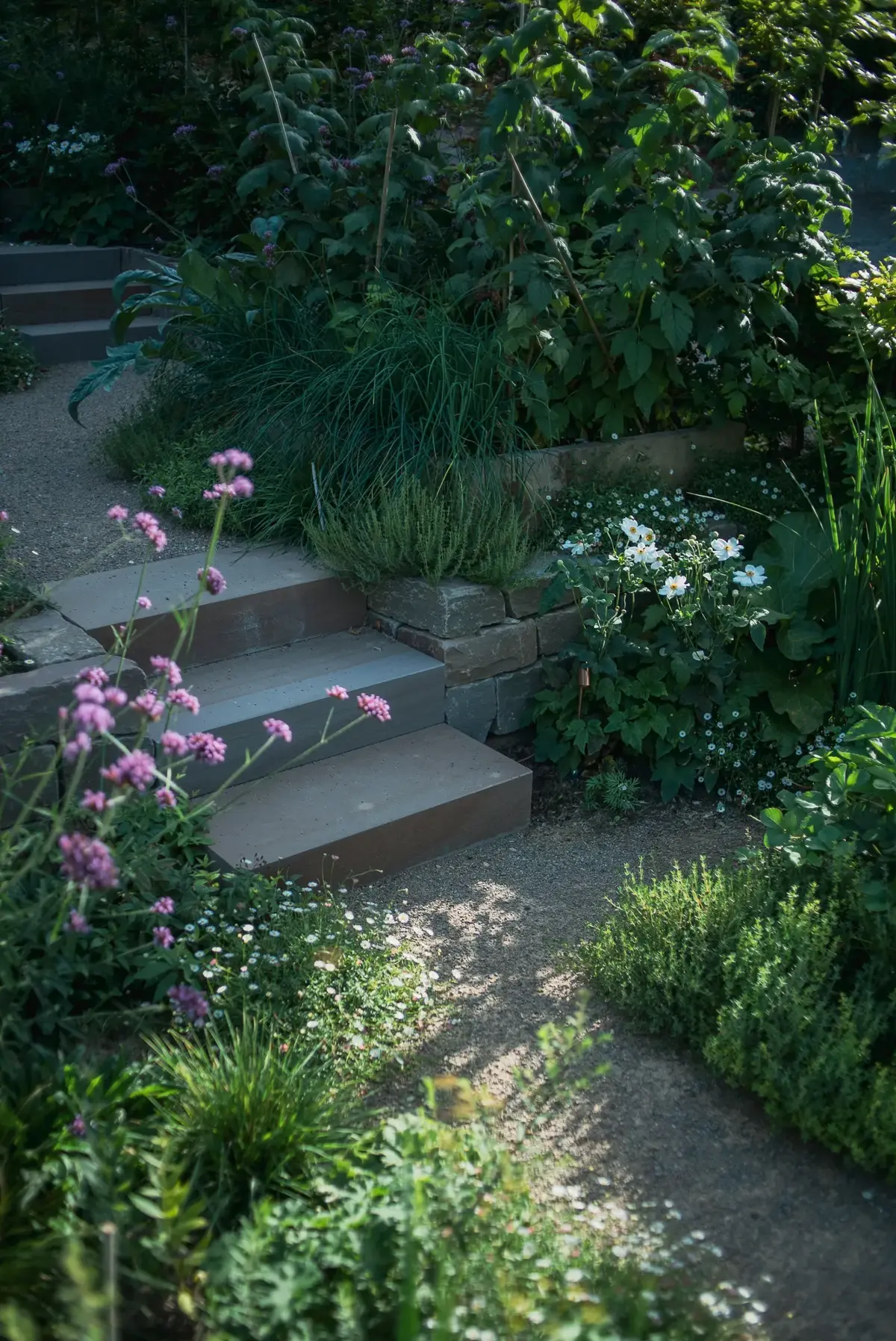 Bergstrasse Hanggarten Kiesweg Thymian Anemonen Stufen