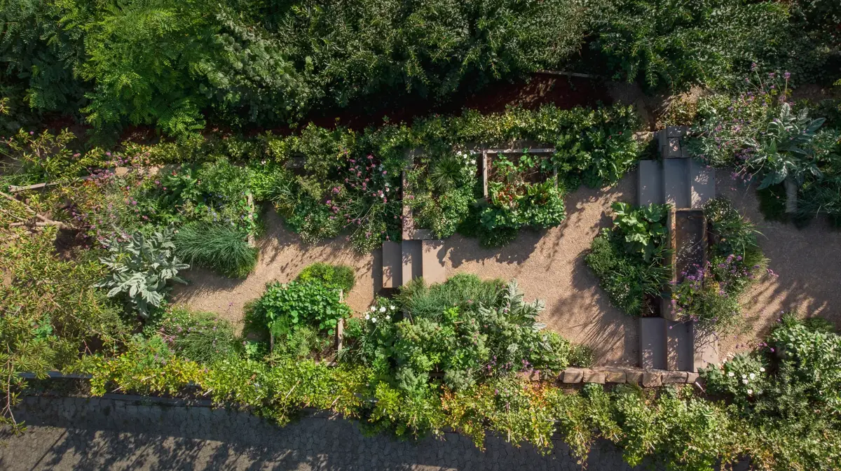 Bergstrasse Hanggarten Luftbild Terrassen Kieswege