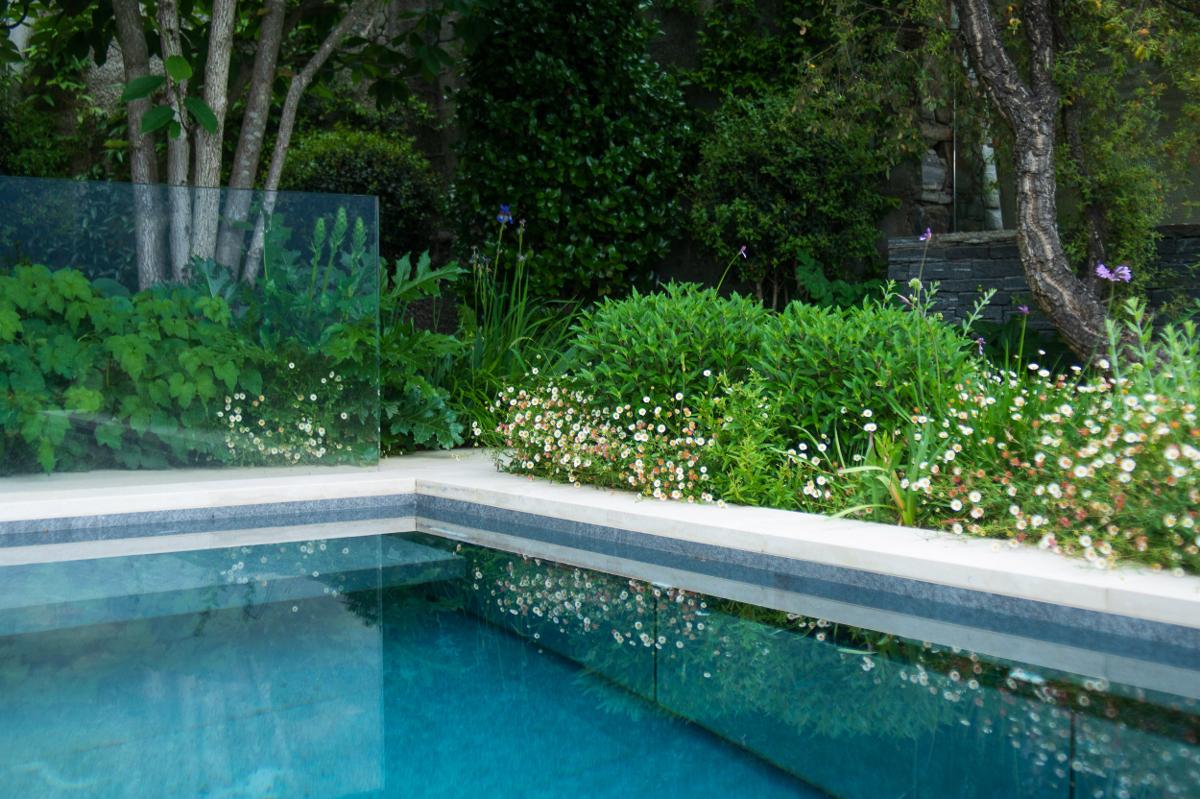 Natural stone path through Mediterranean planting in a terraced setting.