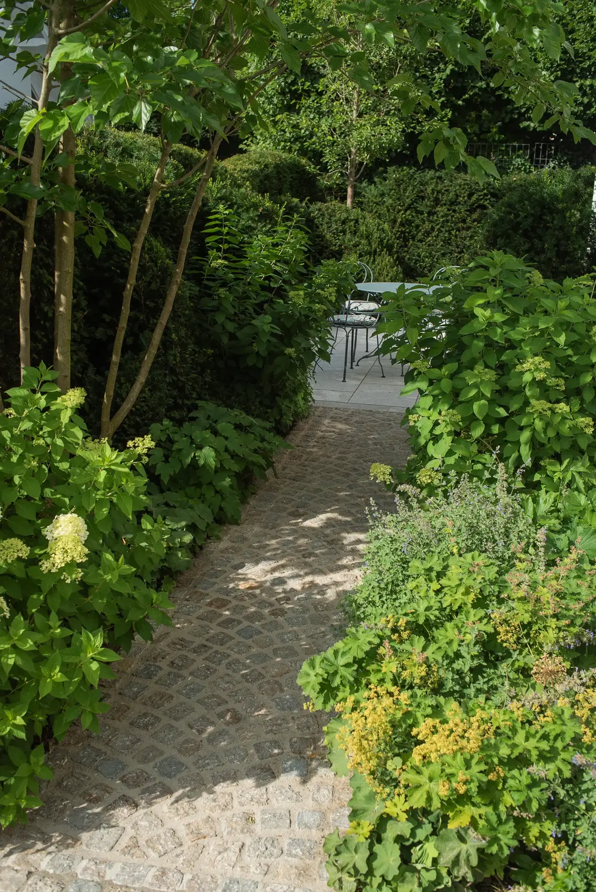 opfsteinpflasterweg führt durch schmale, von Eibenhecken und Hortensien gesäumte Gartenräume zu einem versteckten Sitzplatz im Villengarten München.