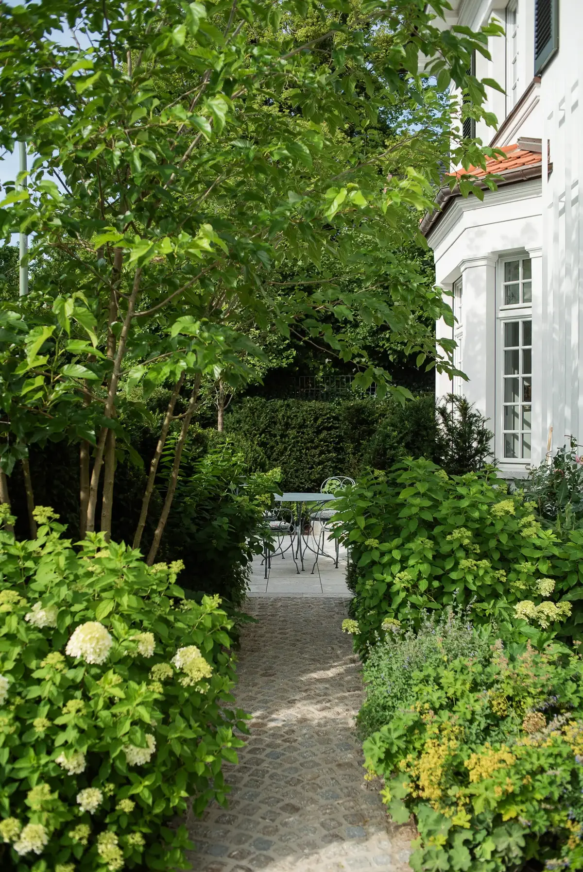 Schattiger Gartenweg zwischen blühenden Hortensien und geschnittenen Hecken führt zu einer kleinen Sitzecke an der Villenfassade.